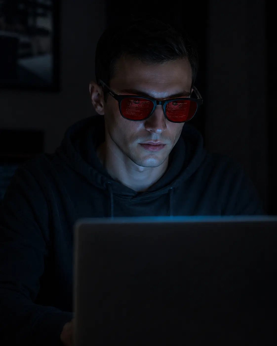 Man wearing Lumiq blue light blocking glasses at laptop in dark room